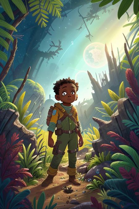 03783-2178094310-a Haitian girl in a wasteland, explorer suit, alien planet, space, starfield, kid, Temperate Rainforest.png